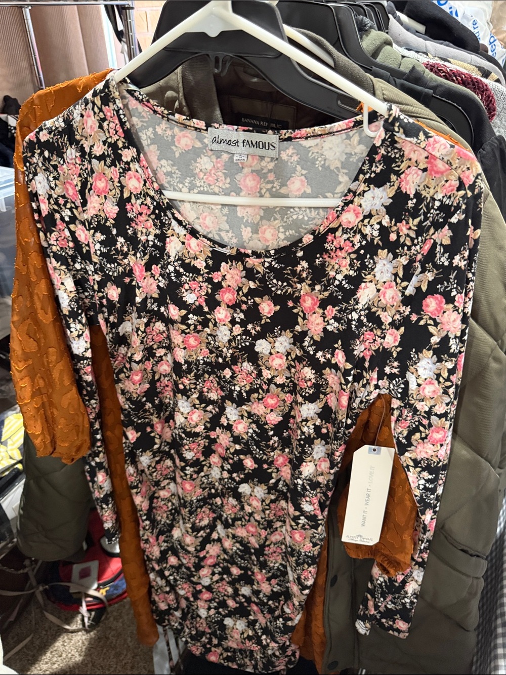 Almost Famous Black Floral Long Sleeve Scoop Neck Dress with Pink Roses